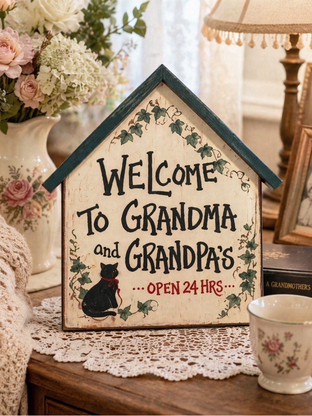 Grandma Grandpa Welcome Sign Wooden House Plaque Open 24 Hrs Vintage Style Decor